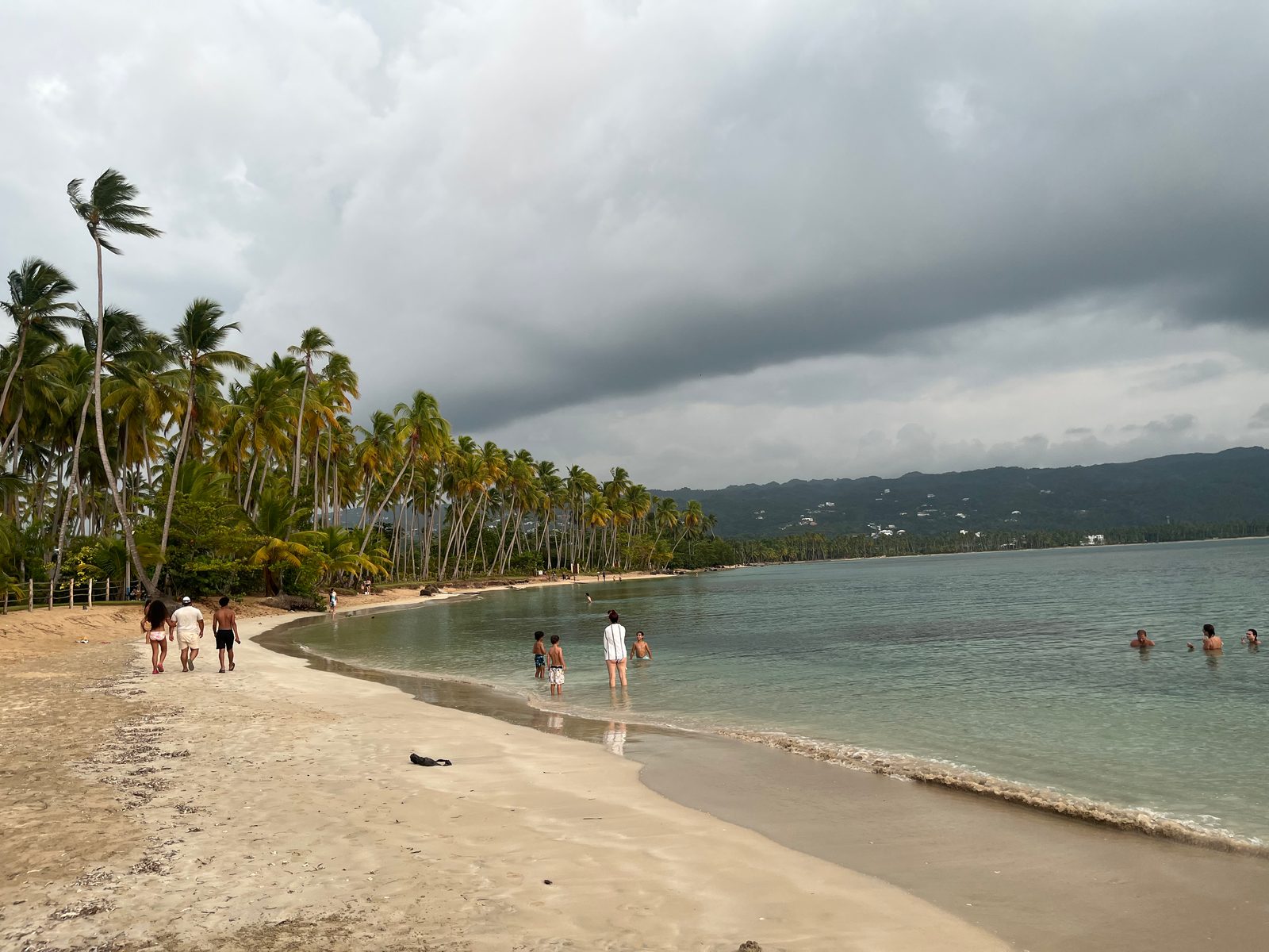 Palm-lined beach under heavy grey clouds, with a few distant people at the water's edge