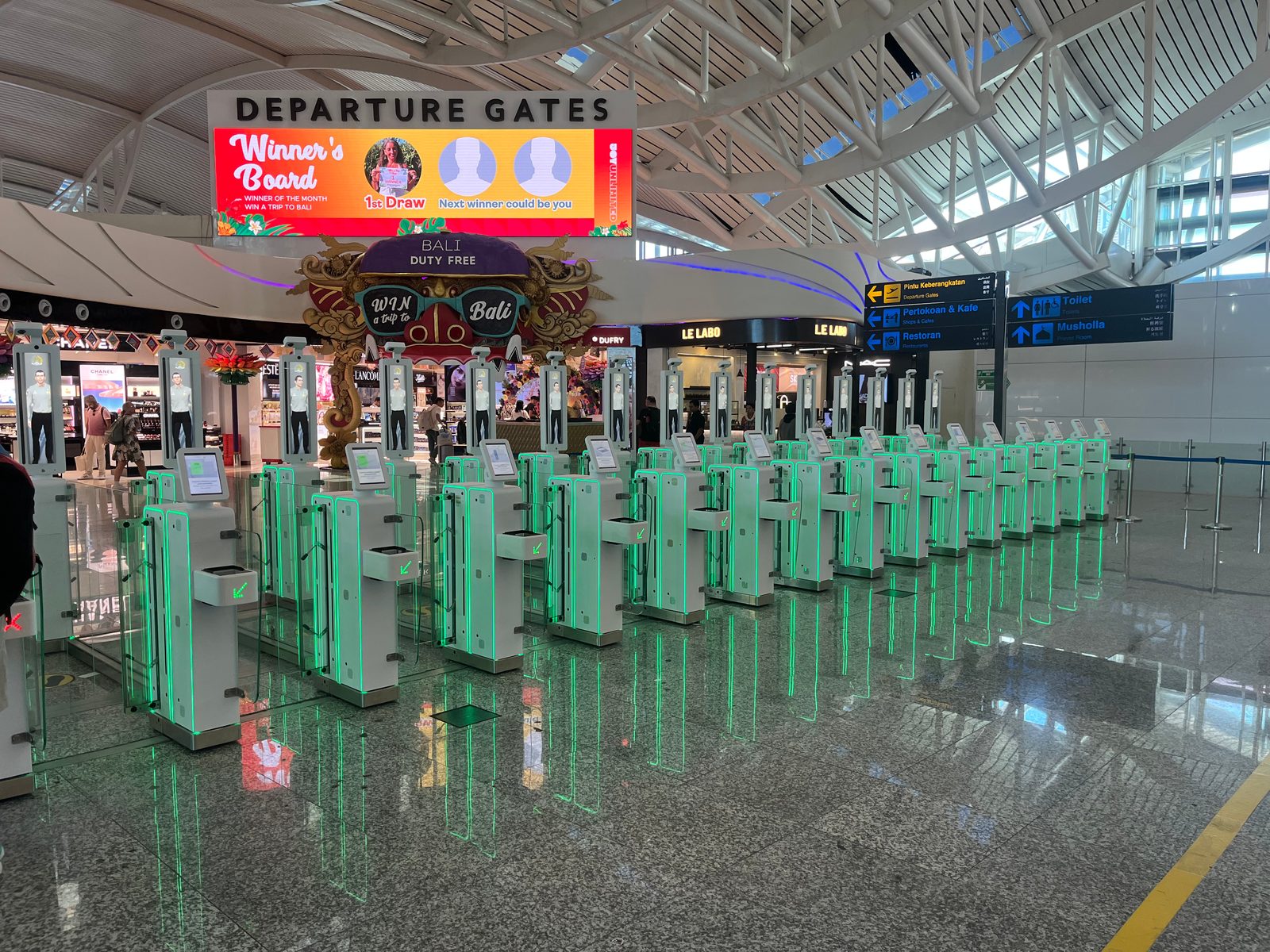 Rows of automated gates in the international terminal at Bali airport