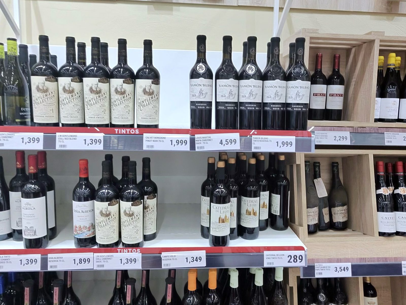 Supermarket shelves of imported wine with price tags in Dominican pesos