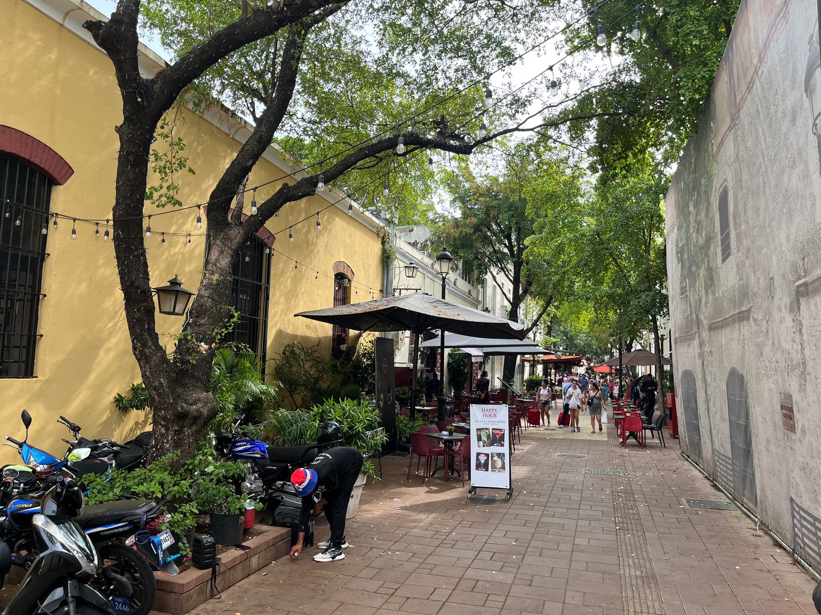 Pedestrian street in the Zona Colonial with café terraces, trees and colonial facades